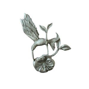 Vintage Pewter Hummingbird Flower Brooch Pin Signed Spoon 3825 Figural Bird 3”
